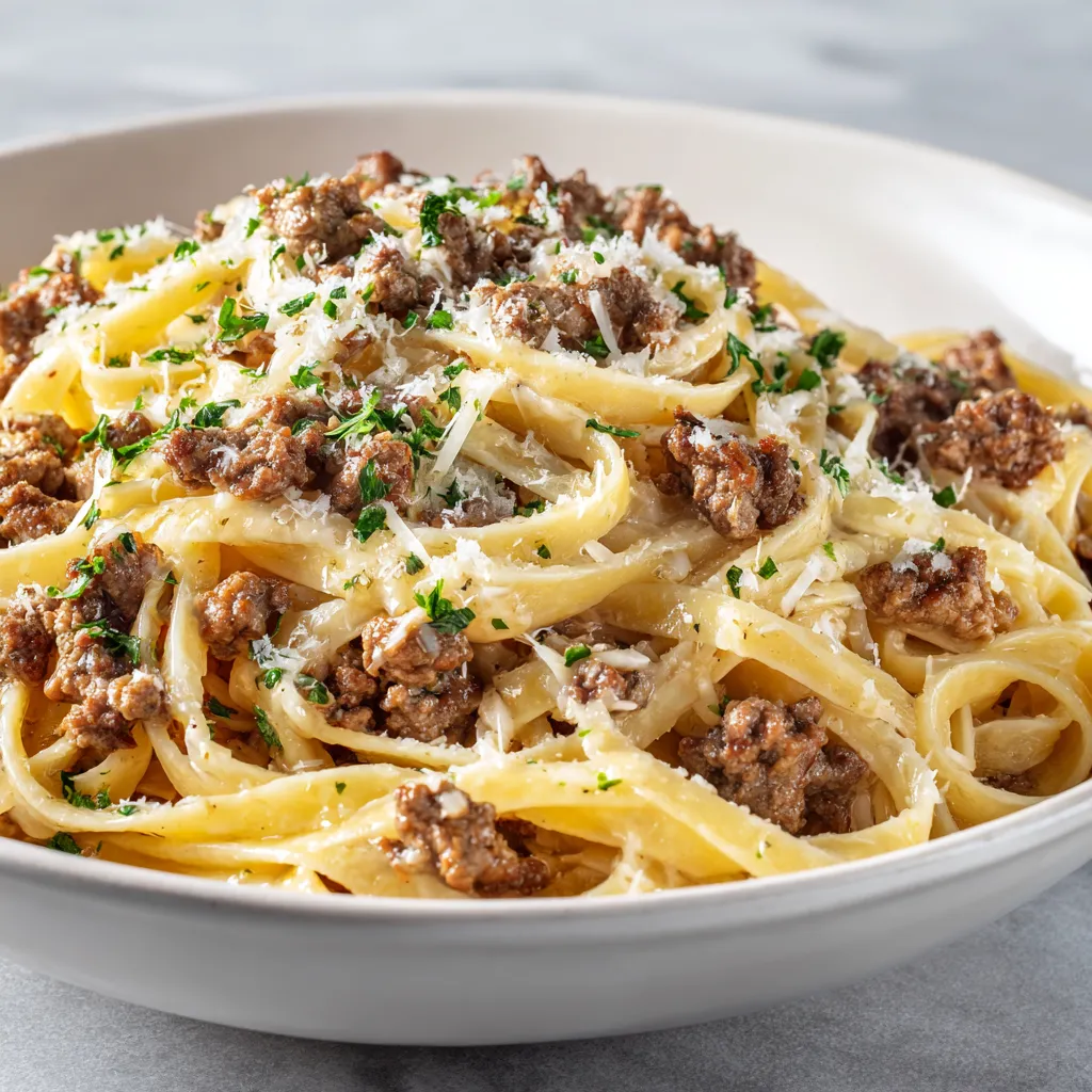 Cheesy Garlic Butter Linguine Pasta with Savory Ground Beef 1