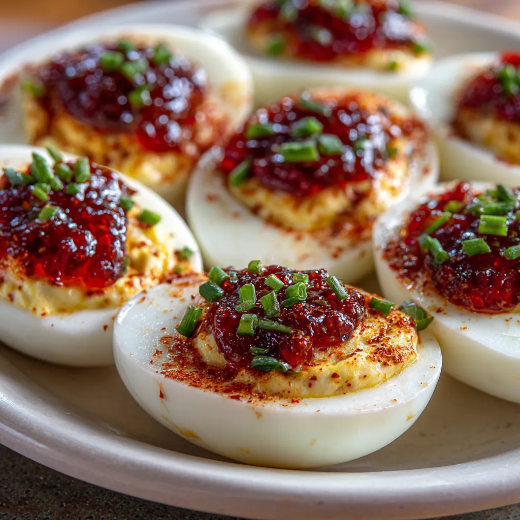 Cranberry Pepper Jelly Cream Cheese Deviled Eggs 1