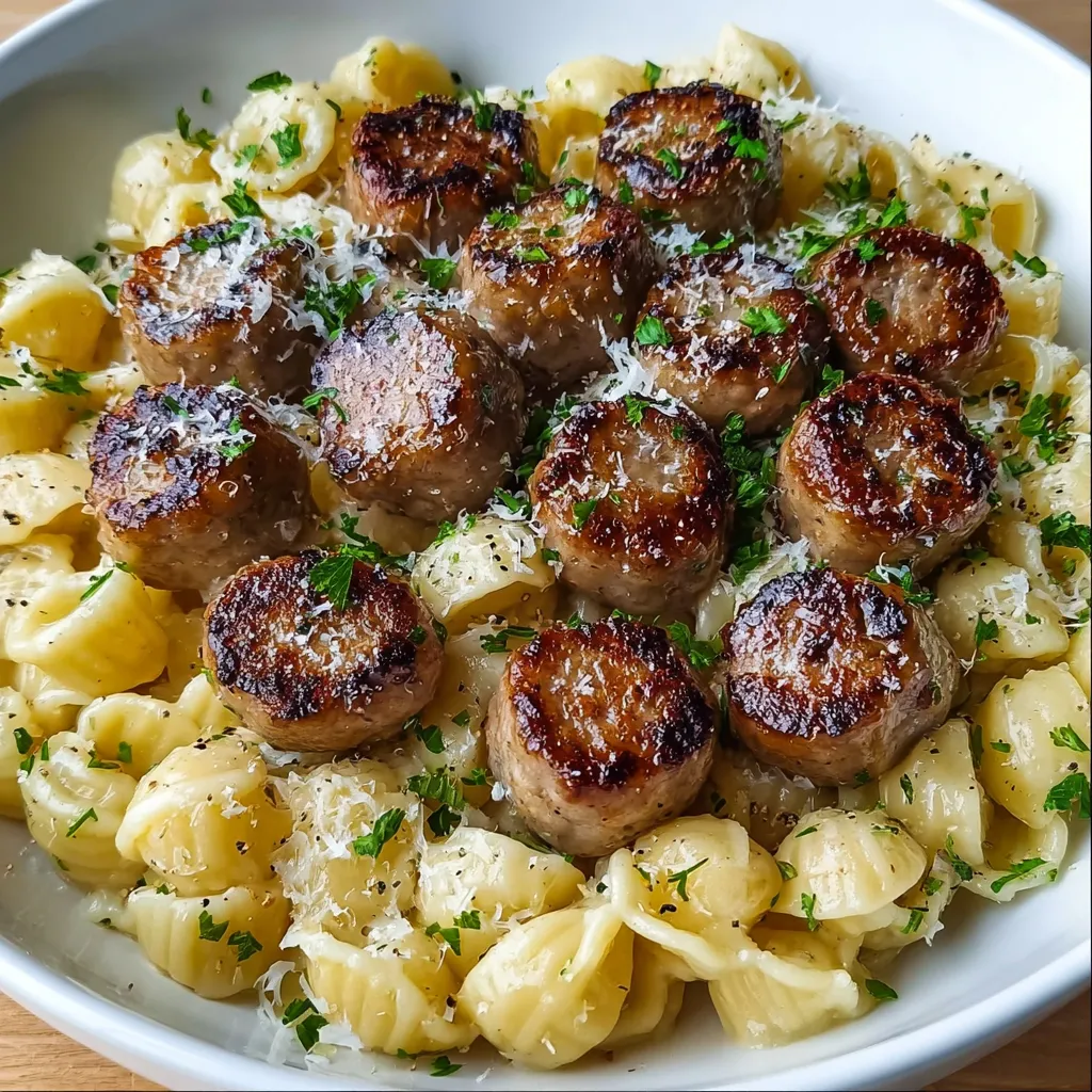 Garlic Butter Sausage Bites with Creamy Parmesan Pasta 1